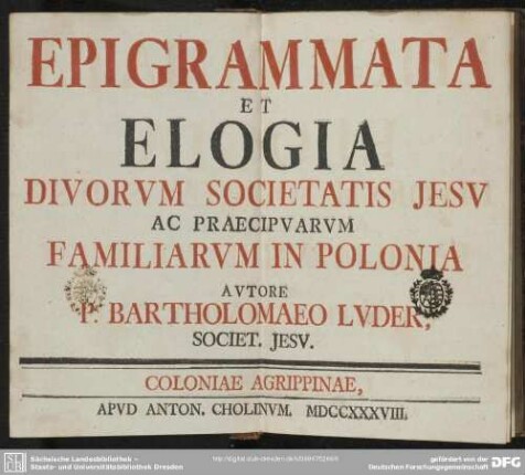 Epigrammata Et Elogia Divorum Societatis Jesu Ac Praecipuarum Familiarum In Polonia