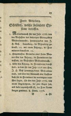 Zwote Abtheilung. Schriften, welche besondere Systeme betreffen.