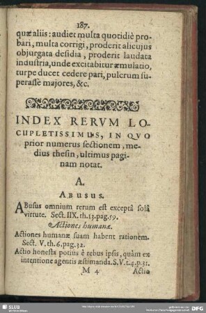Index Rerum Locupletissimus, In Quo prior numerus sectionem, medius thesin, ultimis paginam notat