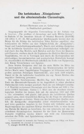 Die hethitischen "Königslisten" und die altorientalische Chronologie