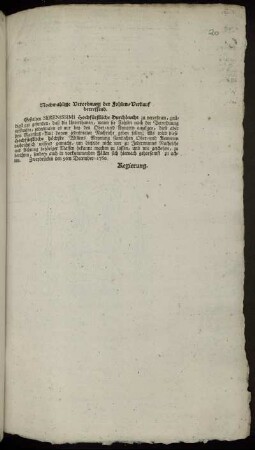 Nochmahlige Verordnung der [!] Fohlen-Verkauf betreffend : Zweybrücken den 9ten December 1760.