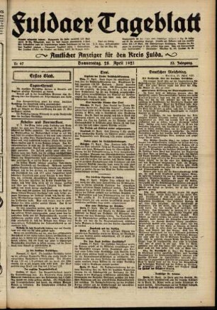 Erste Ausgabe vom Donnerstag, den 28. April 1921.