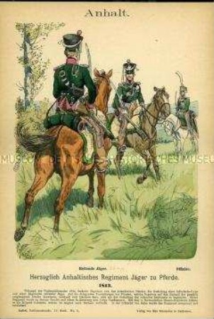 Uniformdarstellung, Gemeine und Offizier des Jäger-Regiments zu Pferde, Anhaltische Herzogtümer, 1813.