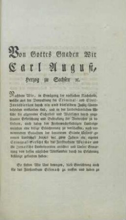Von Gottes Gnaden Wir Carl August, Herzog zu Sachsen etc. ...