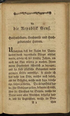 [Zueignungsschrift.] An die Republik Genf.