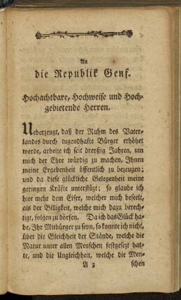 [Zueignungsschrift.] An die Republik Genf.