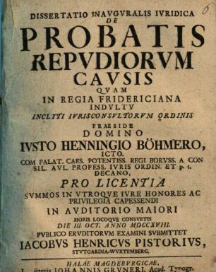 Dissertatio Inavgvralis Ivridica De Probatis Repvdiorvm Cavsis