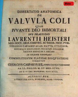 Diss. anat. de valvula coli : [cum 2 tabb. aen.]