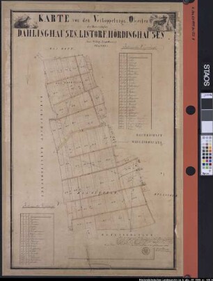 Verkoppelung der Feldmarken LINTORF, HÖRDINGHAUSEN und DAHLINGHAUSEN Karte von den Verkoppelungs-Objecten der Bauerschaften Dahlinghausen, Lintorf, Hördinghausen, Amt's Wittlage, Landdd. Osnabrück, Planche I. Ausf.-Art: farbige Handzeichnung auf Karton, auf Nessel aufgezogen Hersteller: bescheinigt F. von Steuber Format: 98,5 x 65 cm Maßstab: 1 : 2400 (ca.)