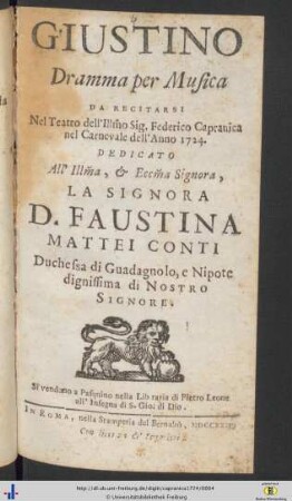 Giustino : Dramma per Musica Da Recitarsi Nel Teatro dell' Illustrissimo Sig. Federico Capranica nel Carnevale dell'anno 1724