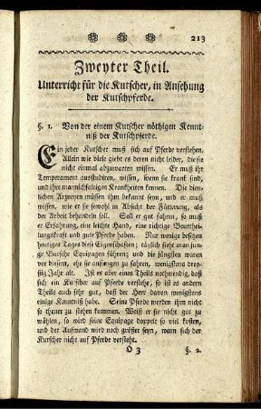 Zweyter Theil. Unterricht für die Kutscher, in Ansehung der Kutschpferde.