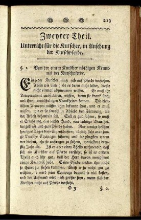 Zweyter Theil. Unterricht für die Kutscher, in Ansehung der Kutschpferde.