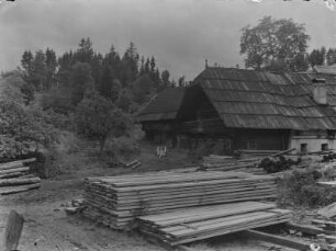 Sägemühle : Bretterstapel vor einer Sägemühle