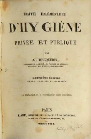 Traité élémentaire d'hygiène privée et publique