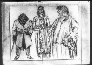 Boll, Grete und Doris : Figurinen zu Barlachs Drama "Der blaue Boll". Boll, Grete und Doris. Kohlezeichnung; 22,4 x 28,2 cm (1926; E. Barlach). Güstrow, Heidberg 15. Atelier des Bildhauers