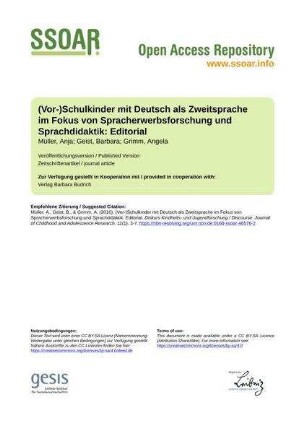 (Vor-)Schulkinder mit Deutsch als Zweitsprache im Fokus von Spracherwerbsforschung und Sprachdidaktik: Editorial