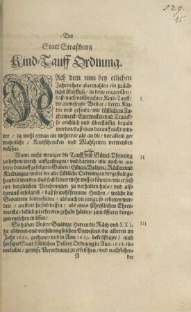 Der Statt Straßburg Kind-Tauff Ordnung : [Decretum bey Herren Räth und XXI. Sambstags den 23. April. Anno 1664.]