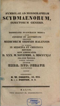 Symbolae ad monographiam scydmaenorum insectorum generis : dissertatio inauguralis medica