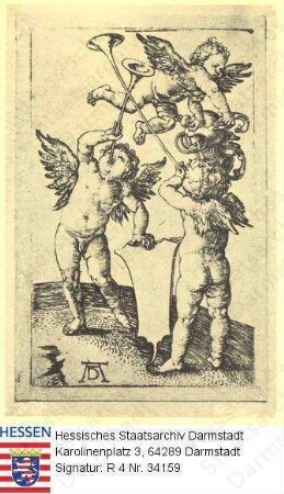 Dürer, Albrecht (1471-1538) / Stich 'Die drei Genien mit Helm und Schild'