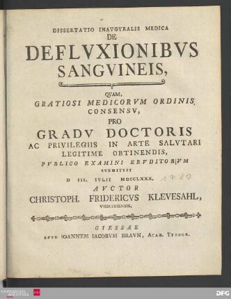 Dissertatio inavgvralis medica de deflvxionibvs sangvineis