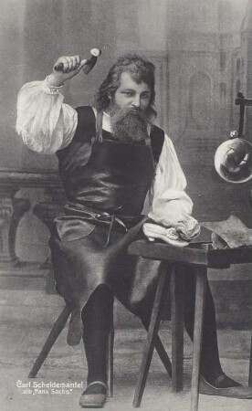 Karl Scheidemantel als Hans Sachs : Karl Scheidemantel als Hans Sachs in "Die Meistersinger von Nürnberg" von Richard Wagner. Bayreuth, Bühnenfestspielhaus. 1888/1889. Lithografie nach der Fotografie (Weltpostkarte) aus dem Atelier von Wilhelm Höffert (Druck bei G. Schmidt in Dresden, 1908)