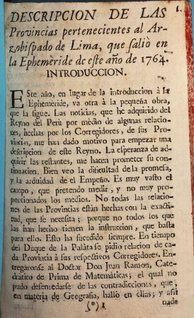 Descripcion de las provincias pertenecientes al Arzobispado de Lima, que saliò en la Ephemeride de este año de 1764