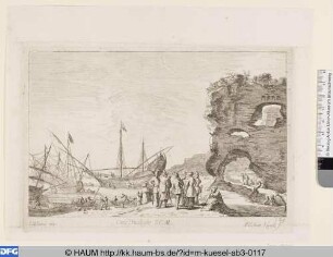 Küstenlandschaft mit antiken Ruinen und Segelschiffen