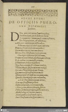Adami Siberi De Officiis Puerorum Parainesis Jambica