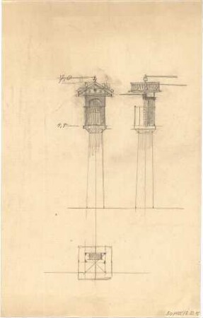 Thiersch, August ; Transformationsstationen, Masttransformatoren, Entwürfe - Grundriss, Ansichten