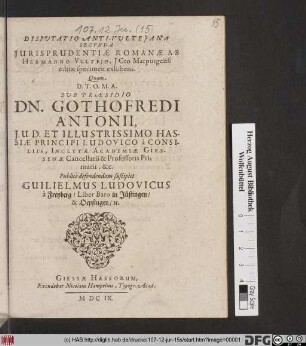 Disputatio Anti-Vulteiana Secunda Iurisprudentiae Romanae Ab Hermanno Vultejo, ICto Marpurgensi editae specimen exhibens