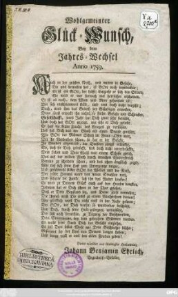 Wohlgemeinter Glück-Wunsch Bey dem Jahres-Wechsel 1759. : Dieses Wünschet ... Johann Benjamin ehrlich, Begräbnß-Besteller