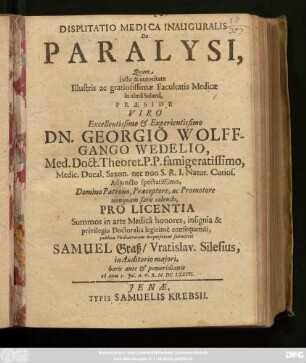 Disputatio Medica Inauguralis De Paralysi,