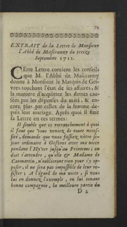 Extrait de la lettre de Monsieur l`Abbé de Mascranny