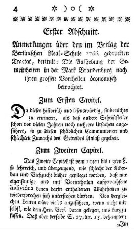 Erster Abschnitt. Anmerkungen über den im Verlag der Berlinischen Real-Schule 1766. gedruckten Tractat, betitult: Die Aufhebung der Gemeinheiten in der Mark Brandenburg nach ihren grossen Vortheilen öconomisch betrachtet.