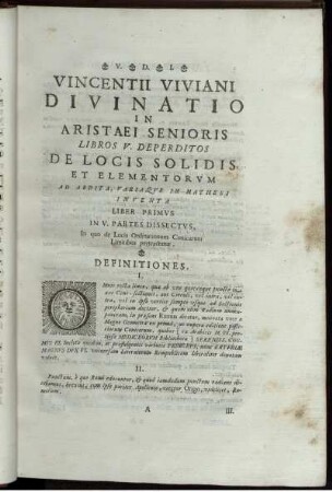 Vincentii viviani divinatio in aristaei senioris.