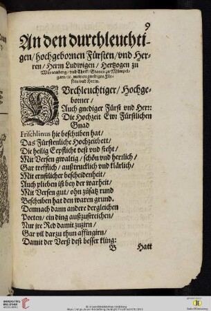An den durchleuchtigen / hochgebornen Fuersten / vnd Herren / Herrn Ludwigen / Hertzogen zu Wuertemberg [...]