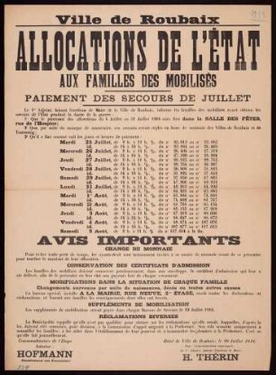 "Ville de Roubaix; Allocations de l'Etat aux Familles des Mobilisés; Paiement des Secours de Juillet" (Auszahlungen an Angehörige von Mobilisierten)