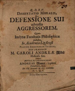 Diss. mor. de defensione sui adversus aggressorem