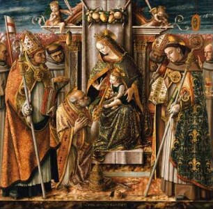 Thronende Maria mit dem Kind, die Schlüsselübergabe an den Apostel Petrus und mit den Heiligen Johannes Capistranus, Emidius, Franziskus, Ludwig von Toulouse, dem seligen Giacomo della Marca und einem Bischof