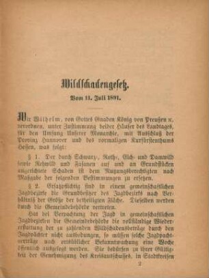Wildschadengesetz. Vom 11. Juli 1891.