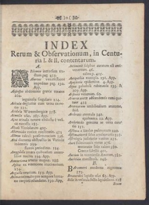 Index Rerum & Observationum, in Centuria I. & II. contentarum