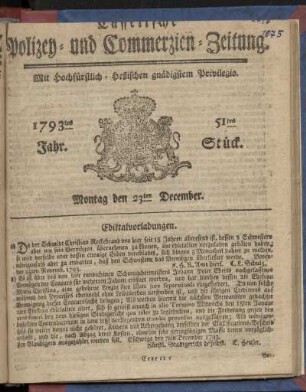 51tes Stueck, Montag den 23ten December 1793