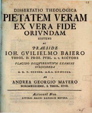 Dissertatio Theologica Pietatem Veram Ex Vera Fide Orivndam Sistens