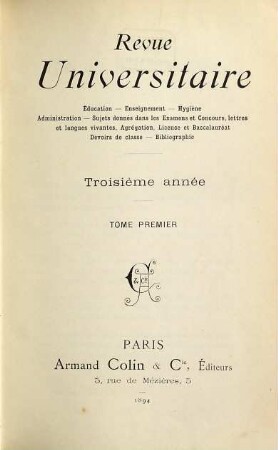 Revue universitaire : éducation, enseignement, administration, 3,1. 1894