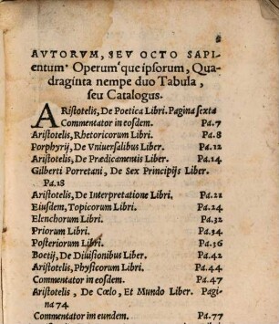 Aristotelis Et Philosophorvm Complurium aliorum Sententiae omnes undiquaque selectissimae : quae Indicis uice in absoluta, & integra eorundem Opera esse queant ; Autorum et Operum Catalogus uersa pagella constabit