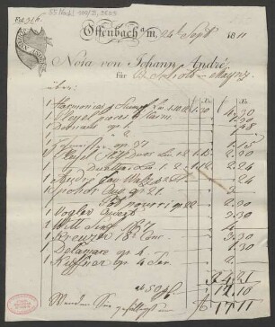 [Rechnung] Nota von Johann André : 24.09.1811
