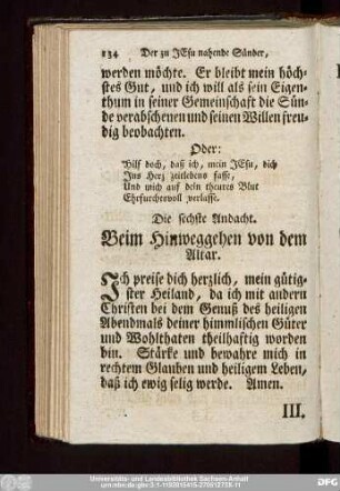 Die sechste Andacht. Beim Hinweggehen von dem Altar.