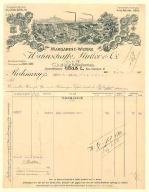 Rechnung der Margarine - Werke Wahnschaffe, Muller & Co mbH.
