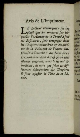 Avis de L'Imprimeur.