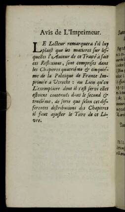 Avis de L'Imprimeur.